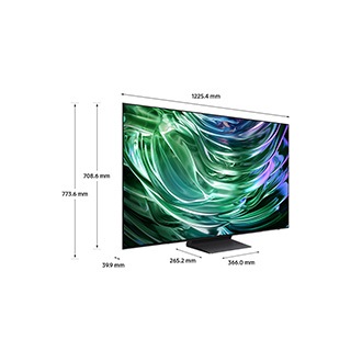 Dimension of Samsung OLED TV S90D (1225.4 x 773.6 x 265.2 mm) with black simple plus blade stand.