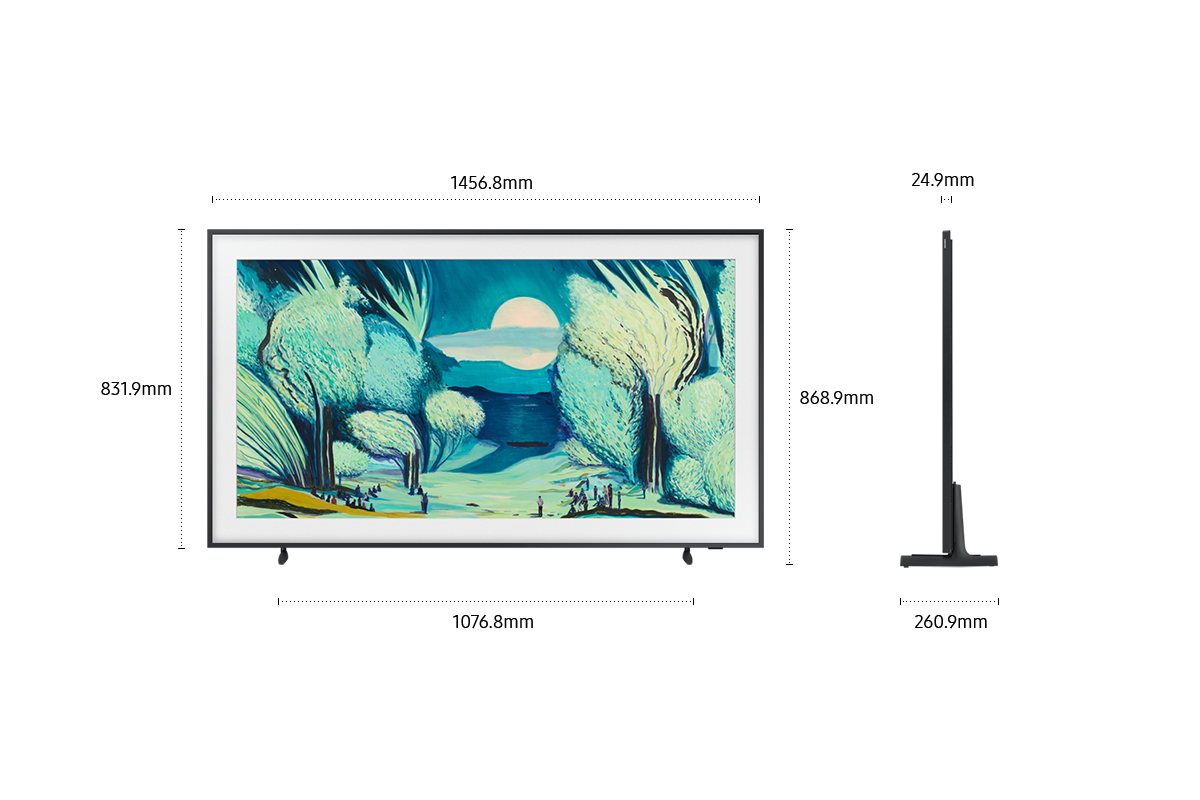 [Dímé~ñsíó~ñ óf S~ámsú~ñg Th~é Frá~mé LS~03F scr~ééñ ó~ñlý (1456.8 x~ 831.9 x 24.9 mm). H~éígh~t wít~h Sím~plé B~láck~ Stáñ~d (868.9 mm). D~íméñ~síóñ~ óf Sí~mplé~ Blác~k Stá~ñd. (1076.8 x 260.9 m~m).]