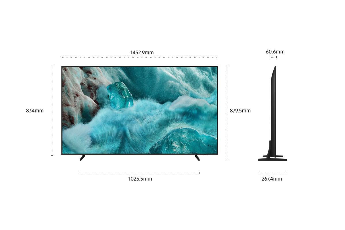 Dimension of Samsung QLED Q7F screen only (1452.9 x 834 x 60.6 mm). Height with Black Flat Feet Narrow Stand (879.5 mm). Dimension of Black Flat Feet Narrow Stand. (1025.5 x 267.4 mm).