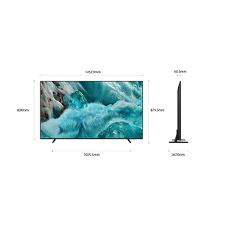 Dimension of Samsung QLED Q7F screen only (1452.9 x 834 x 60.6 mm). Height with Black Flat Feet Narrow Stand (879.5 mm). Dimension of Black Flat Feet Narrow Stand. (1025.5 x 267.4 mm).