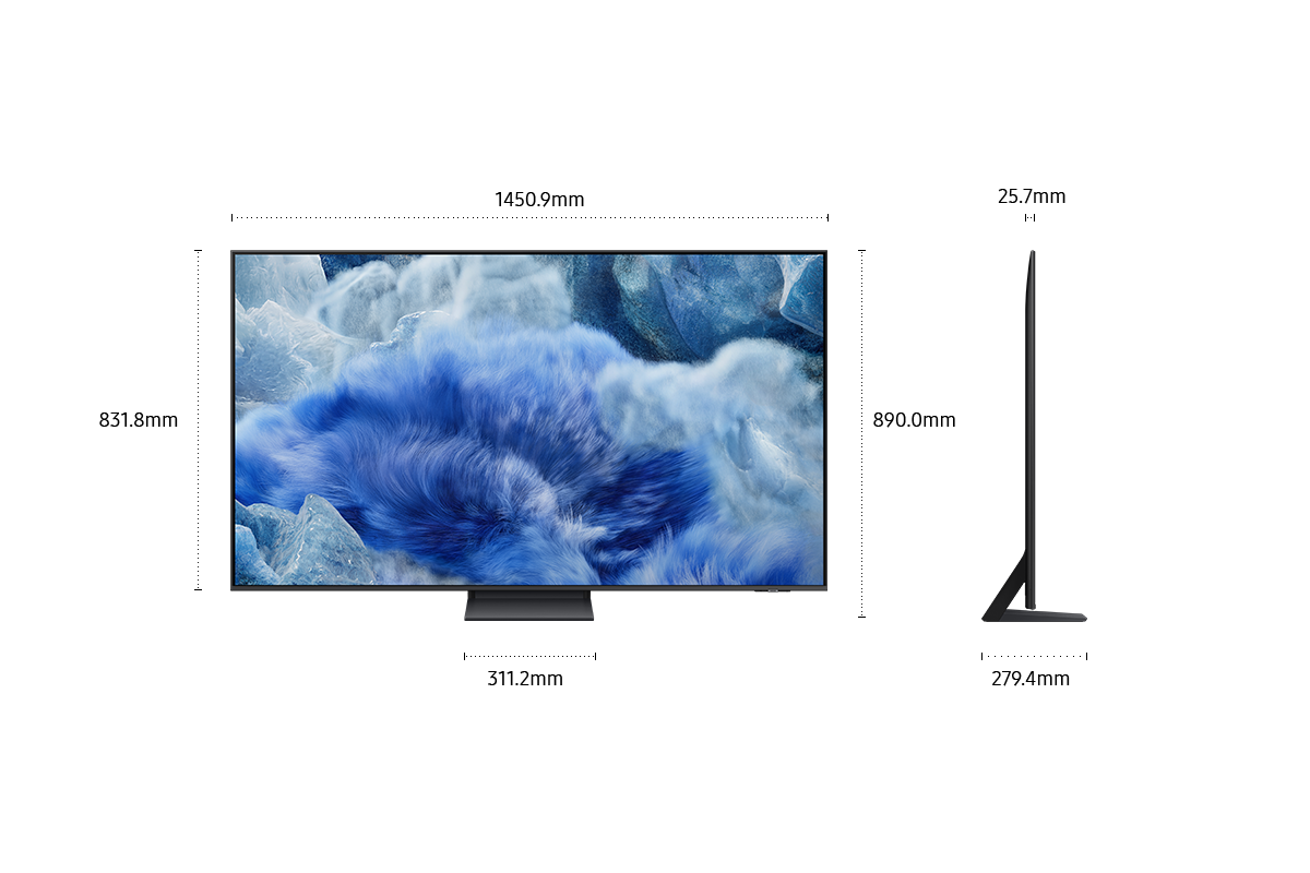 Dimension of Samsung QLED Q8F screen only (1450.9 x 831.8 x 25.7 mm). Height with Black Aero Linear Stand (890.0 mm). Dimension of  Black Aero Linear Stand (311.2 x 279.4 mm).