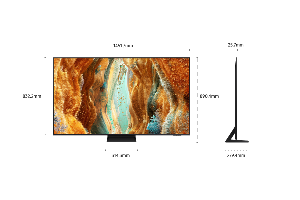 Dimension of Samsung Neo QLED QN70F screen only (1451.7 x 832.2 x 25.7 mm). Height with Black Aero Center Stand (890.4 mm). Dimension of Black Aero Center Stand (314.3 x 279.4 mm).