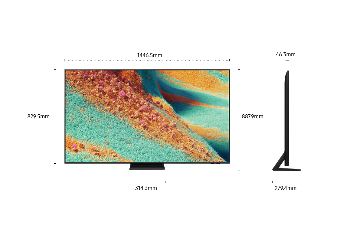 Dimension of Samsung Neo QLED QN85F screen only (1446.5 x 829.5 x 46.3 mm). Height with TitanBlack Metal Aero Center Stand (887.9 mm). Dimension of TitanBlack Metal Aero Center Stand. (314.3 x 279.4 mm).