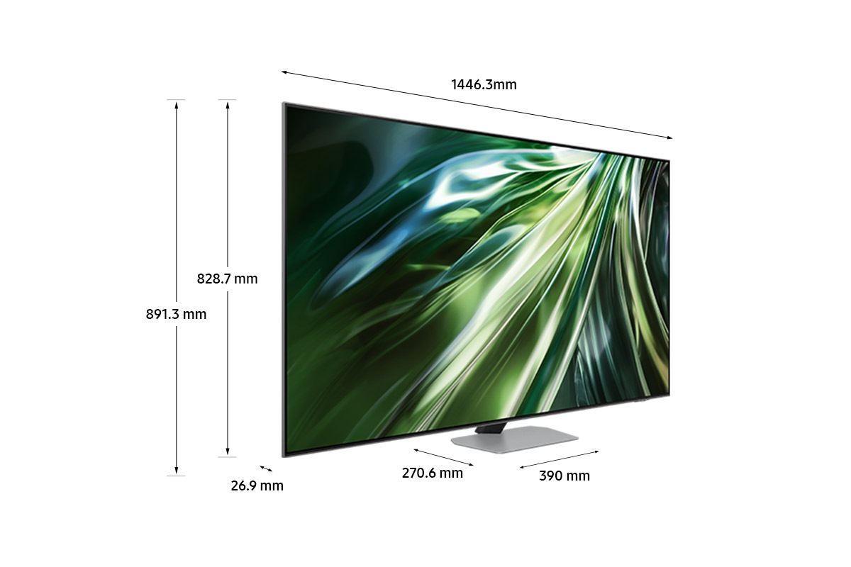 Dimension of Samsung Neo QLED TV(1446.3 x 891.3 x 270.6 mm) QN90D with silver sharp neck hexagon stand