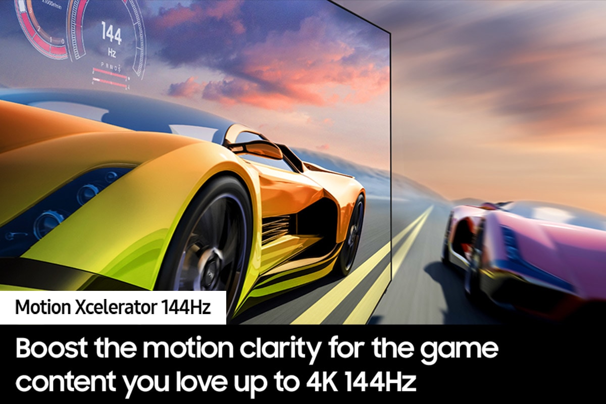 2 race cars are racing on a track. 1 looks clearer than the other and is going faster.