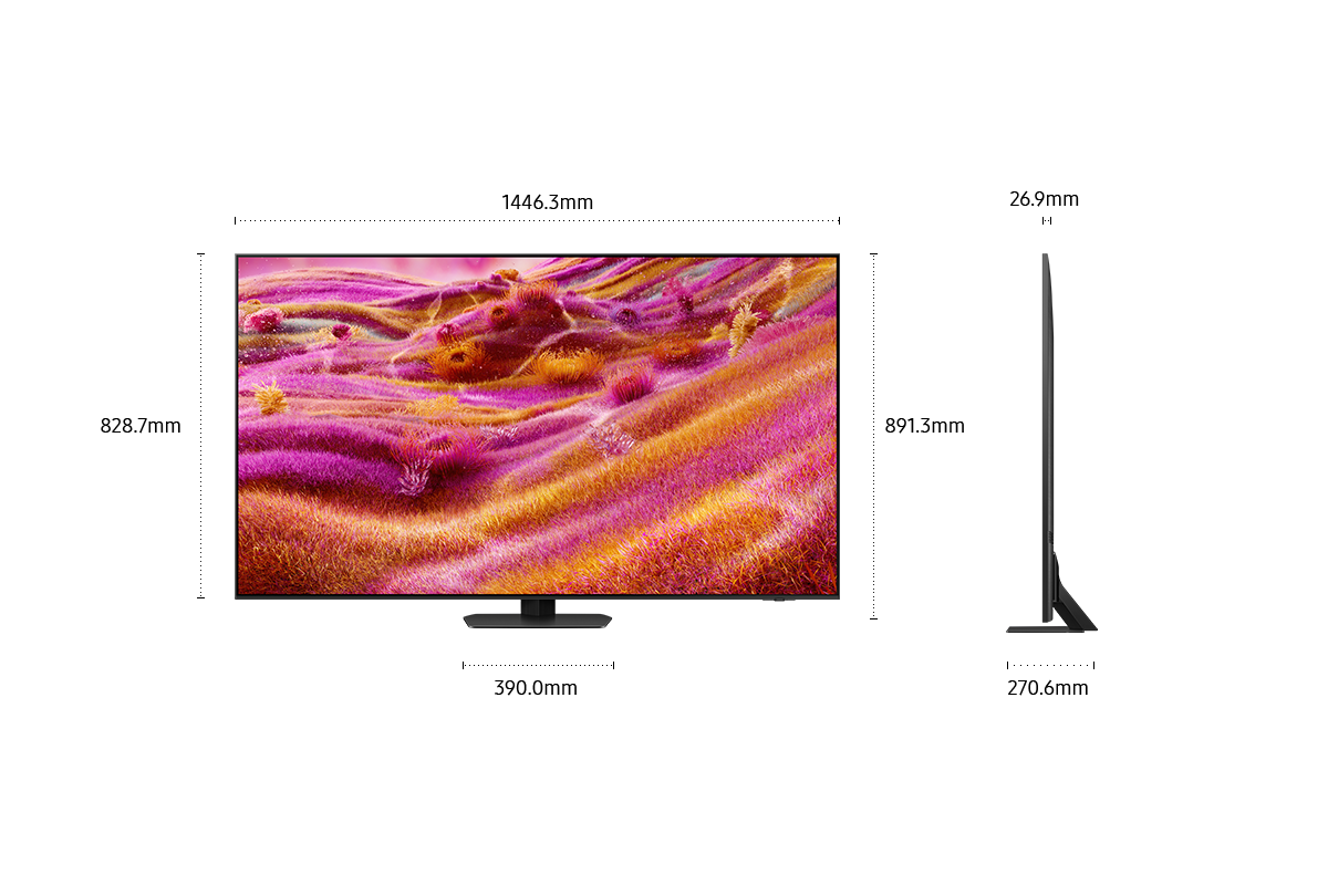 Dimension of Samsung Neo QLED QN90F screen only (1446.3 x 828.7 x 26.9 mm). Height with Titan Black Sharp Neck Hexagon Stand (891.3 mm). Dimension of Titan Black Sharp Neck Hexagon Stand. (390.0 x 270.6 mm).