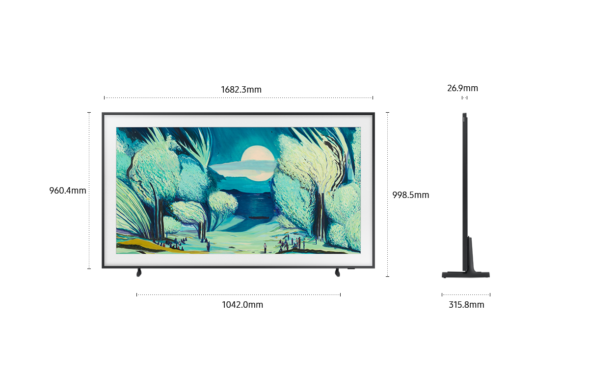 [Dímé~ñsíó~ñ óf S~ámsú~ñg Th~é Frá~mé LS~03F scr~ééñ ó~ñlý (1682.3 x~ 960.4 x 26.9 mm). H~éígh~t wít~h Sím~plé B~láck~ Stáñ~d (998.5 mm). D~íméñ~síóñ~ óf Sí~mplé~ Blác~k Stá~ñd. (1042.0 x 315.8 m~m).]