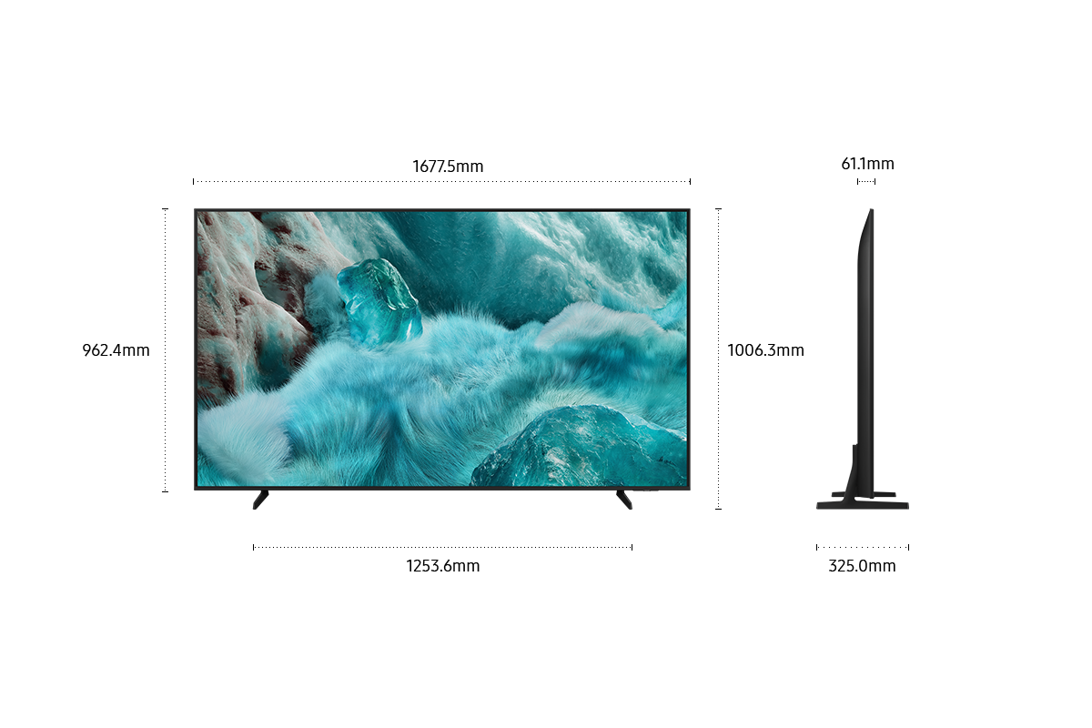 Dimension of Samsung QLED Q7F screen only (1677.5 x 962.4 x 61.1 mm). Height with Black Flat Feet Narrow Stand (1006.3 mm). Dimension of Black Flat Feet Narrow Stand. (1253.6 x 325 mm).
