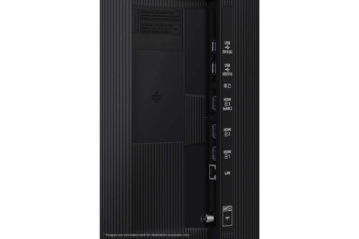 Samsung 2025 QLED Q8F has USB, HDMI, LAN, antenna ports and etc. on the side.