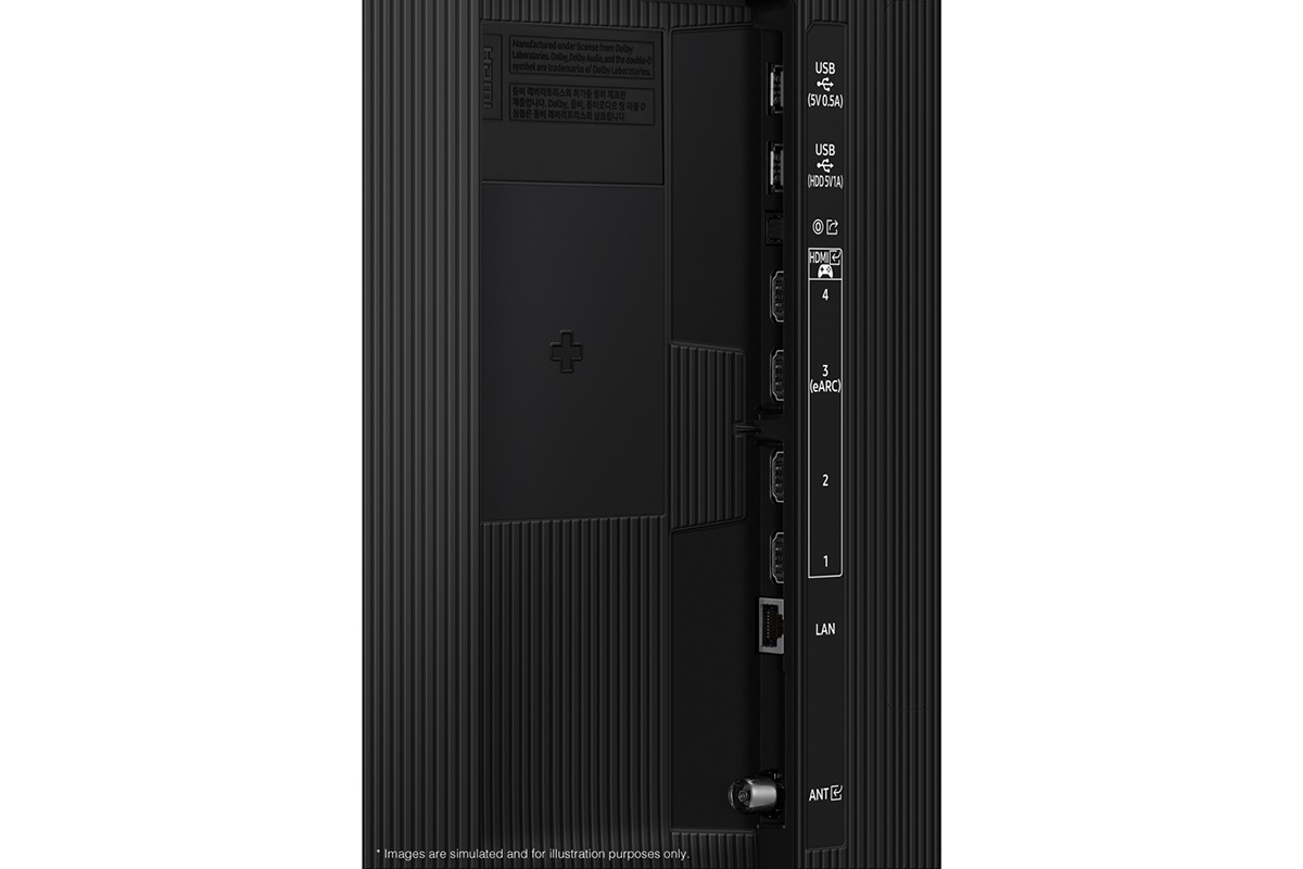 Samsung 2025 Neo QLED QN70F has USB, HDMI, LAN, antenna ports and etc. on the side.