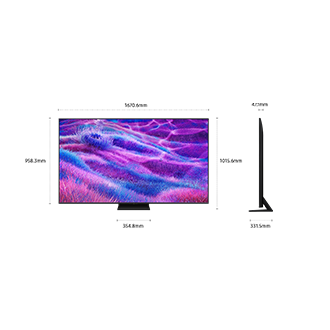 Dimension of Samsung Neo QLED QN80F screen only (1670.6 x 958.3 x 47.1 mm). Height with Black Aero Center Stand (1015.6 mm). Dimension of Black Aero Center Stand. (354.8 x 331.5 mm).