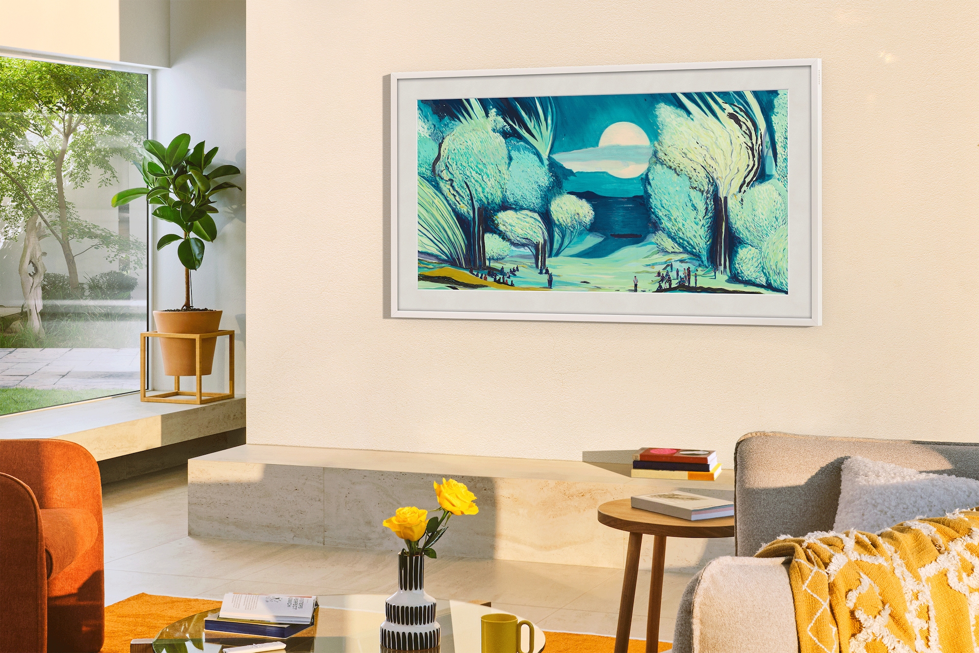 The Frame is mounted to a wall in a living room.