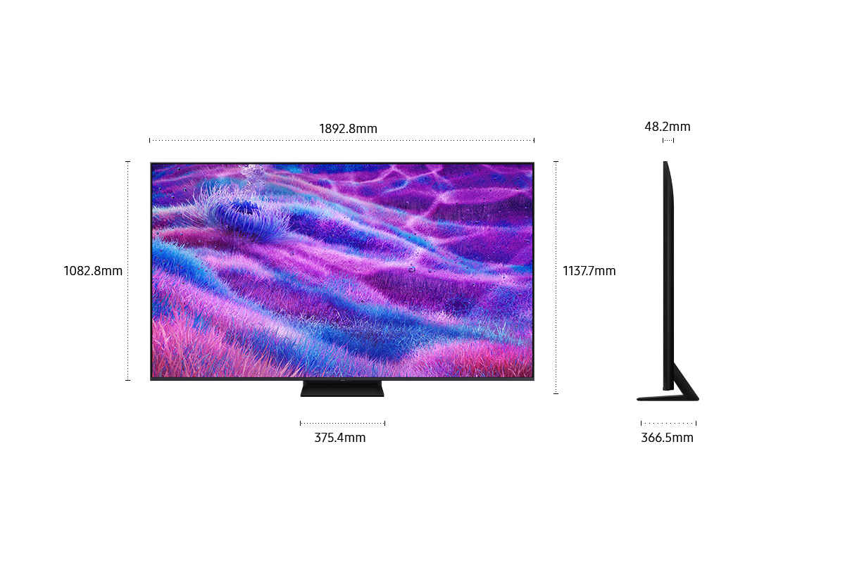 Dimension of Samsung Neo QLED QN80F screen only (1892.8 x 1082.8 x 48.2 mm). Height with Black Aero Center Stand (1137.7 mm). Dimension of Black Aero Center Stand. (375.4 x 366.5 mm).