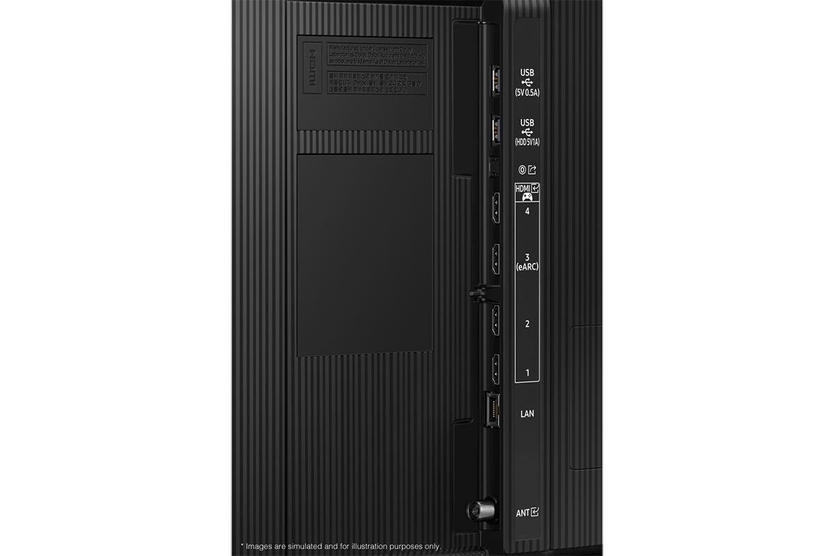 Samsung 2025 Neo QLED QN80F has USB, HDMI, LAN, antenna ports and etc. on the side.