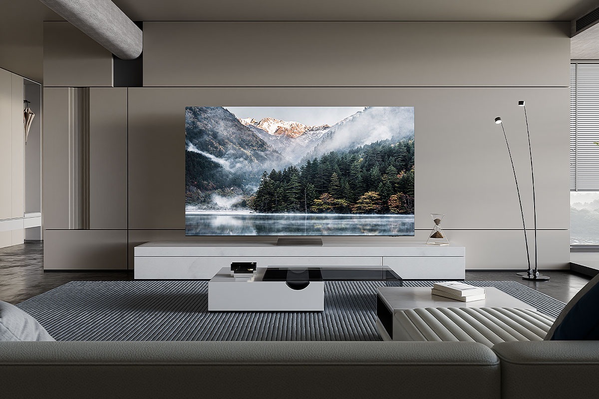 QN900D sits elegantly on top of a console in a neutral living room.
