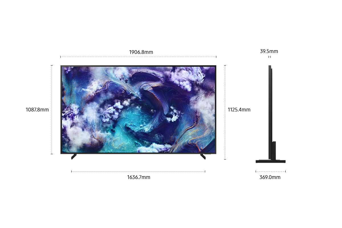 Dimension of 85inch Samsung Neo QLED QN900F screen only (1906.8 x 1087.8 x 39.5 mm). Height with Black Round Feet Stand (1125.4). Dimension of Black Round Feet Stand. (1636.7 x 369.0).