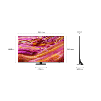 Dimension of Samsung Neo QLED QN90F screen only (1892.2 x 1081.9 x 27.9 mm). Height with Titan Black Sharp Neck Hexagon Stand (1143.0 mm). Dimension of Titan Black Sharp Neck Hexagon Stand. (417.6 x 321.3 mm).