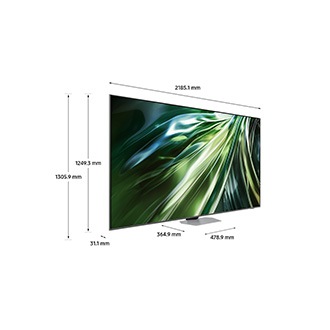 Dimension of Samsung Neo QLED TV(2185.1 x 1305.9 x 364.9 mm) QN90D with silver sharp neck hexagon stand