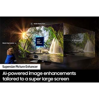 A 98inch Neo QLED TV QN90D with Samsung’s Supersize Picture Enhancer improves content.
