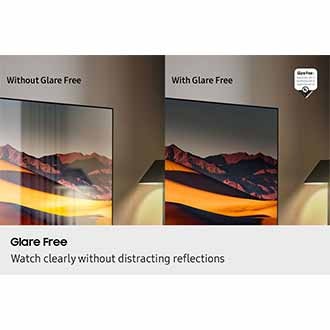 A TV screen Without Glare Free technology has distracting reflections. Next to it, a TV screen With Glare Free technology clearly shows a scene of mountains. UL Verified Logo. Glare Free: Reflection Glare UGR < 10, Discomfort Glare < UGR 22, Disability Glare < 34. verifyUL.com®. V166045.