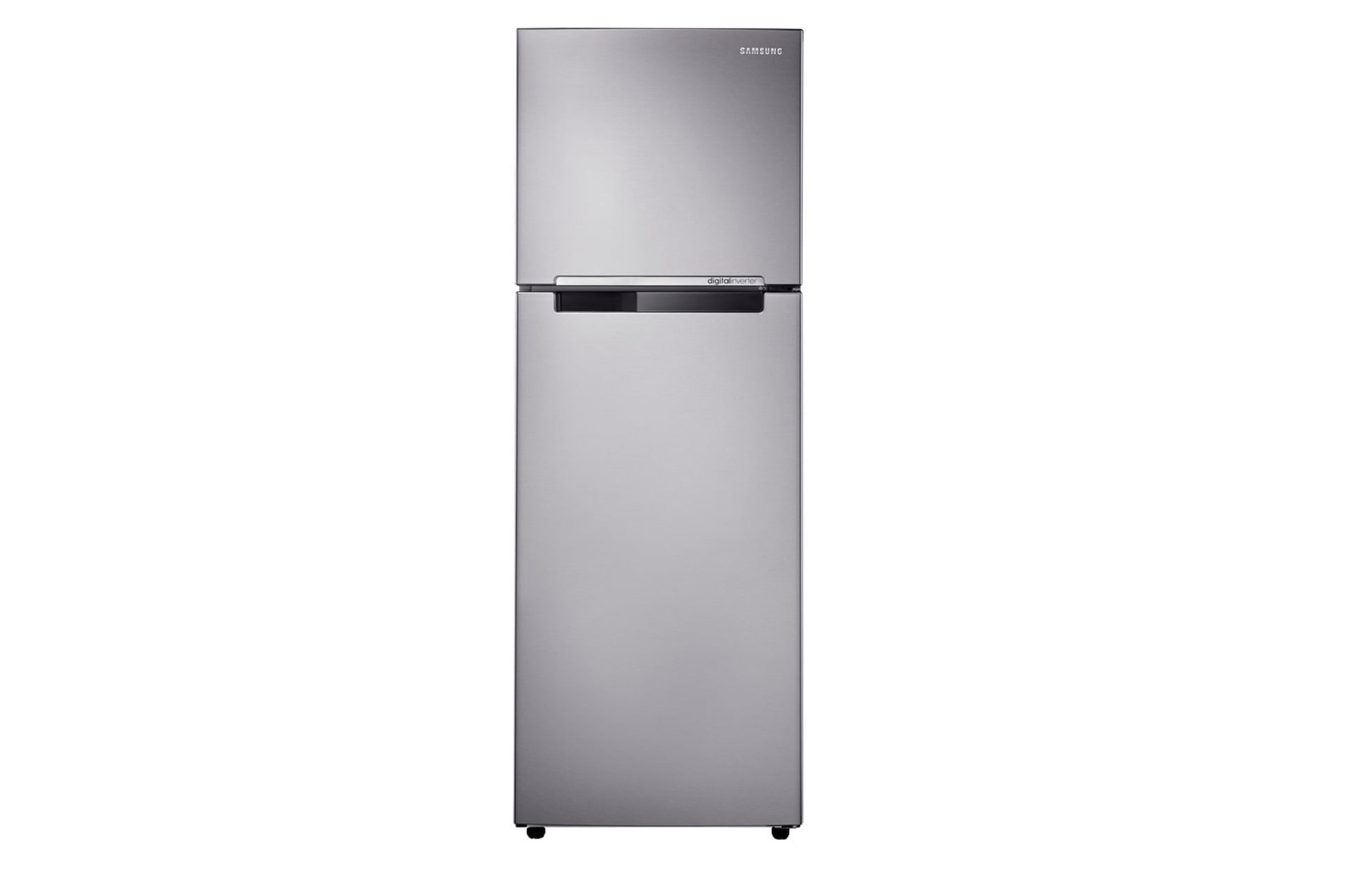 Samsung RT22 Top Mount Freezer Digital Inverter Refrigerator, 234L (perak) terlihat dari depan. Hadir dengan desain 2 pintu yang stylish.