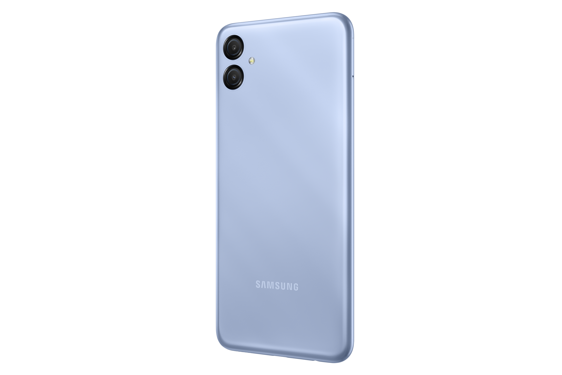 HP Samsung A04e Light Blue dual kamera 13MP + 2MP, dukungan dual SIM 4G. Tampilan kanan belakang smartphone Galaxy A04e.