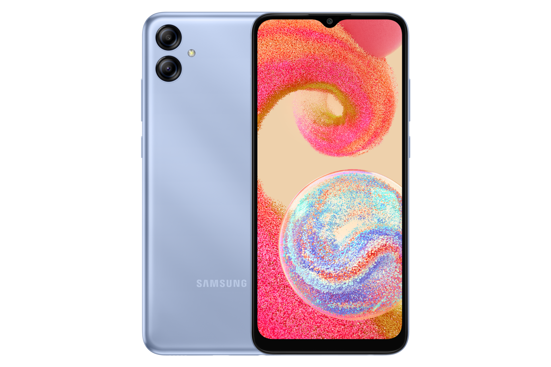 Smartphone Samsung Galaxy A04e Light Blue hadir dengan layar PLS LCD 6,5 inch Infinity-V. Tampilan HP A04e Samsung Light Blue dari depan dan belakang.