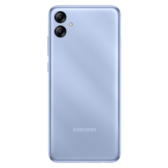 HP Samsung A04e Light Blue dengan dual camera 13MP + 2MP, resolusi layar 720x1600 pixel HD+. Tampilan belakang HP Samsung A04e.