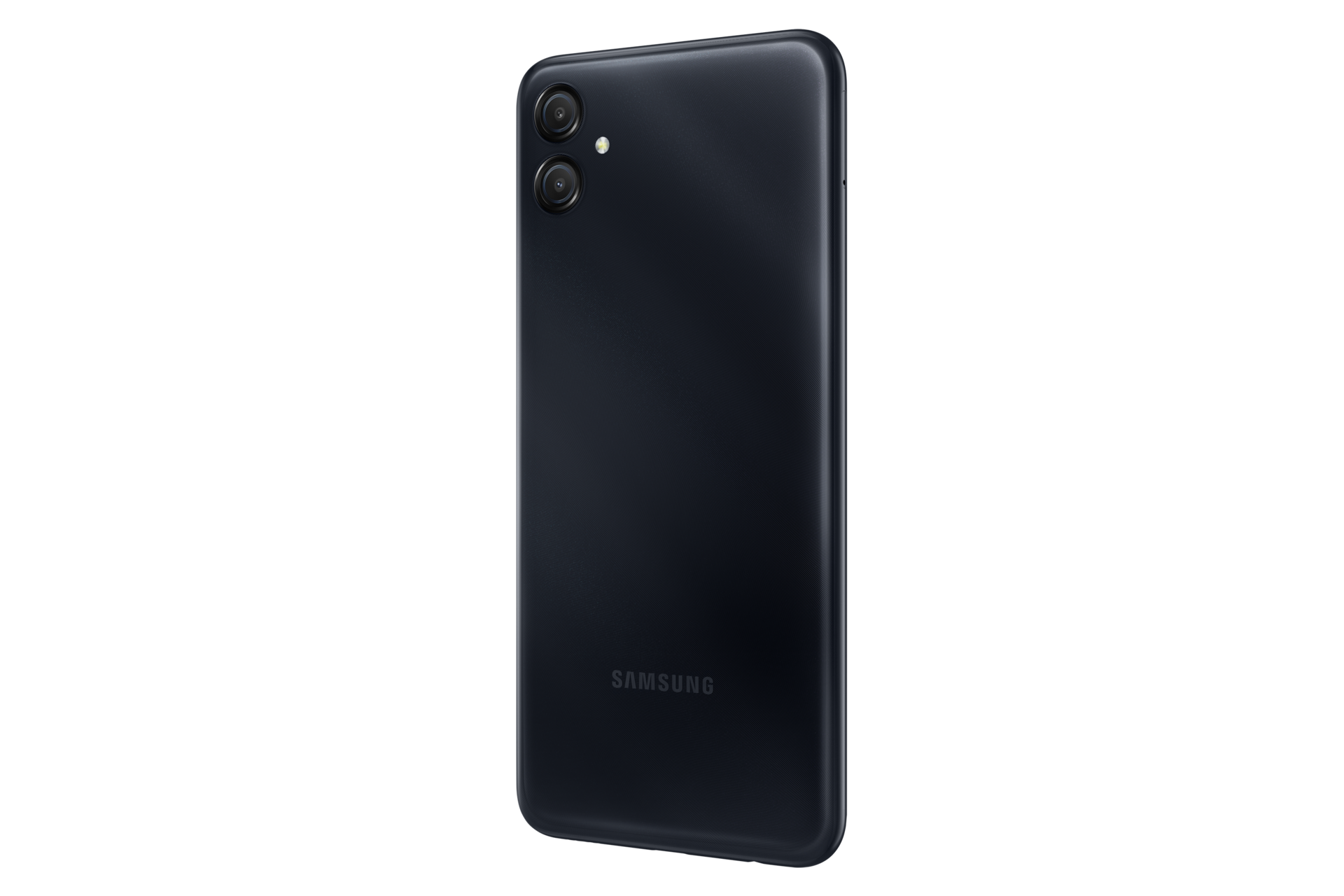 Smartphone Samsung Galaxy A04e Black memori internal 32GB, kapasitas baterai 5000 mAh. Tampilan belakang kanan smartphone Samsung A04e.