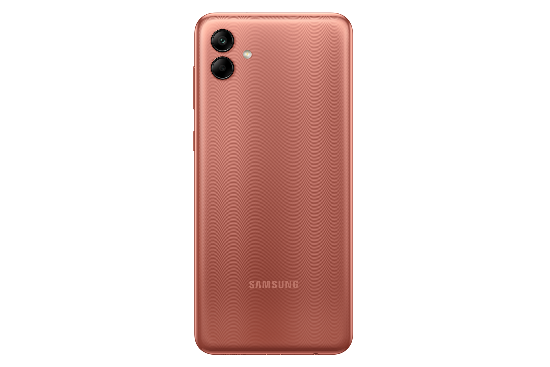 HP Samsung A04 Orange Copper dengan dual camera 50MP + 2MP, resolusi layar 720x1600 pixel HD+. Tampilan belakang HP Samsung A04.