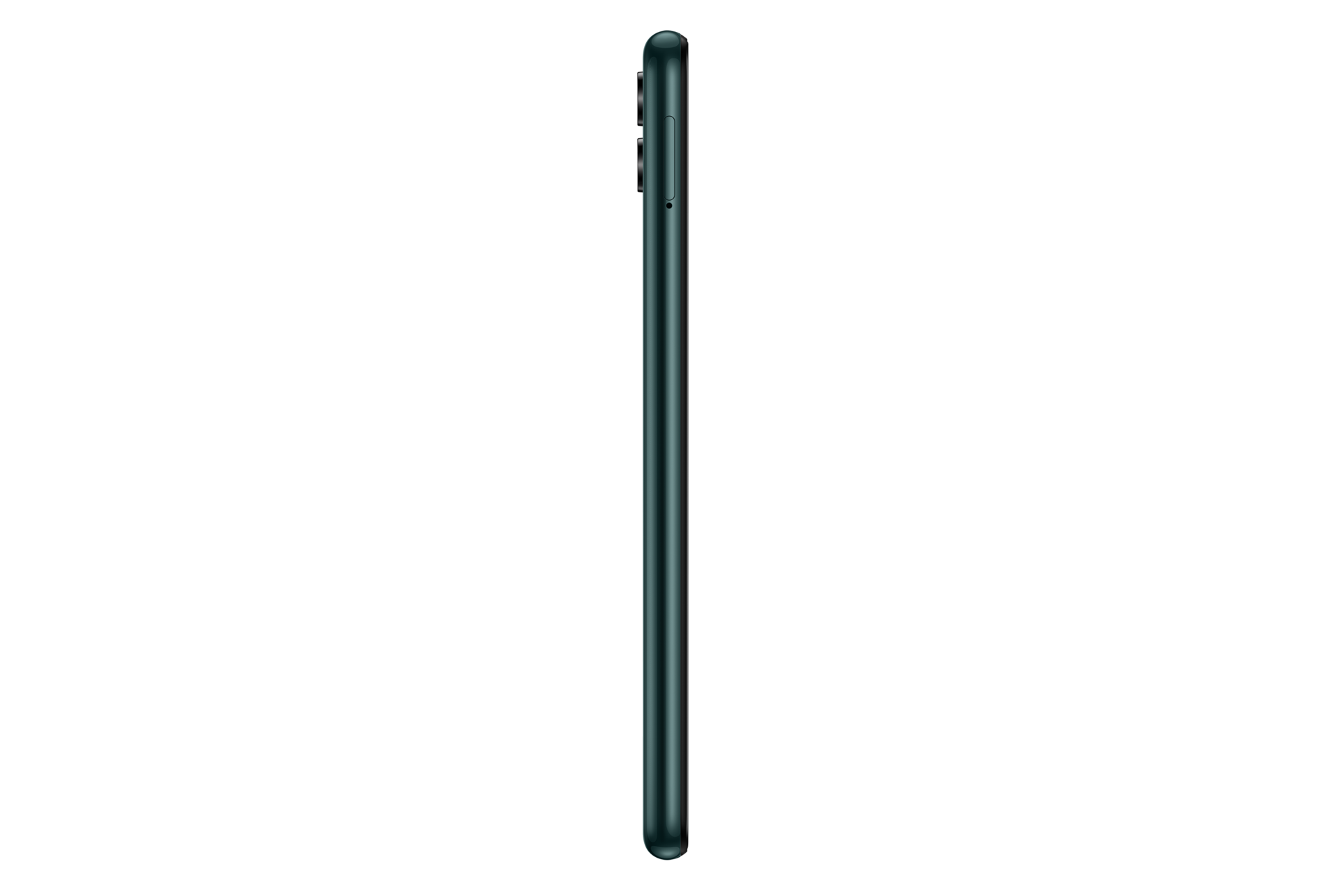 Smartphone Galaxy A04 Deep Green Samsung dengan dual SIM 4G, layar HD+. Tampilan sisi kiri smartphone Galaxy A04.