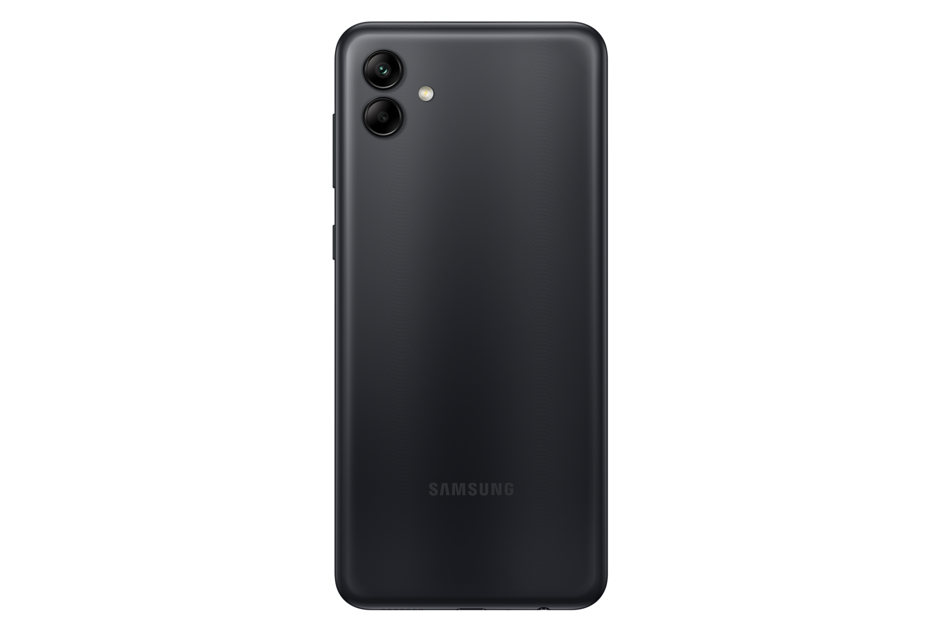 HP Samsung A04 Black dengan dual camera 50MP + 2MP, resolusi layar 720x1600 pixel HD+. Tampilan belakang HP Samsung A04.