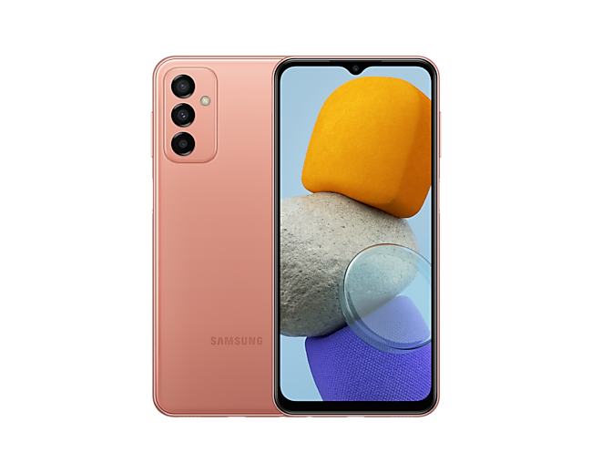 Cek harga HP Samsung M23 5G Orange Copper garansi resmi SEIN di website Samsung Indonesia, hadir dengan layar 6,6 inci Super AMOLED 120Hz.