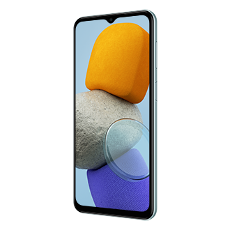 Detail layar Samsung M23 5G Infinity-V display Super AMOLED 120Hz refresh rate, cek harga Samsung M23 5G Light Blue resmi Indonesia di website Samsung ID