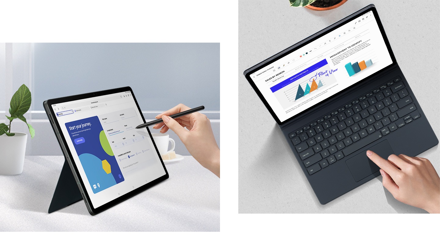 Seseorang mengarahkan S Pen pada Galaxy Tab S9+ dengan peramban web ditampilkan pada layar, disangga secara horizontal pada sudut tertentu menggunakan Book Cover Keyboard. Tampilan atas seseorang yang menggunakan trackpad pada Book Cover Keyboard untuk menavigasi aplikasi Samsung Notes pada Galaxy Tab S9+.