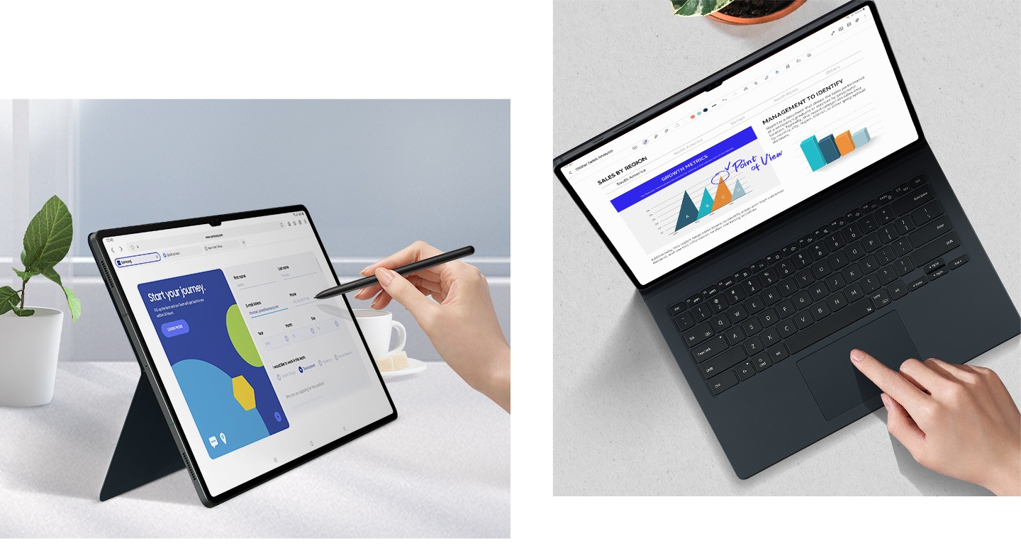 Seseorang mengarahkan S Pen pada Galaxy Tab S9 Ultra dengan peramban web ditampilkan pada layar, disangga secara horizontal pada sudut tertentu menggunakan Book Cover Keyboard. Tampilan atas seseorang yang menggunakan trackpad pada Book Cover Keyboard untuk menavigasi aplikasi Samsung Notes pada Galaxy Tab S9 Ultra.