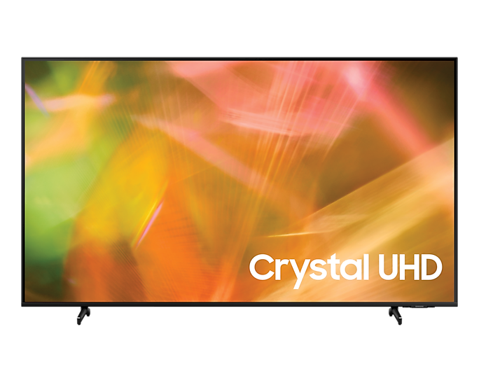 Tampilan depan Samsung Smart TV 50 inch Crystal UHD AU8000 warna hitam. Cek harga dan spesifikasi sekarang di Samsung Indonesia