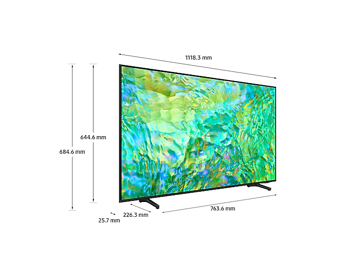 Dimension of Samsung Crystal UHD TV(1118.3 x 684.6 x 226.3 mm) CU8000 with black feet stand
