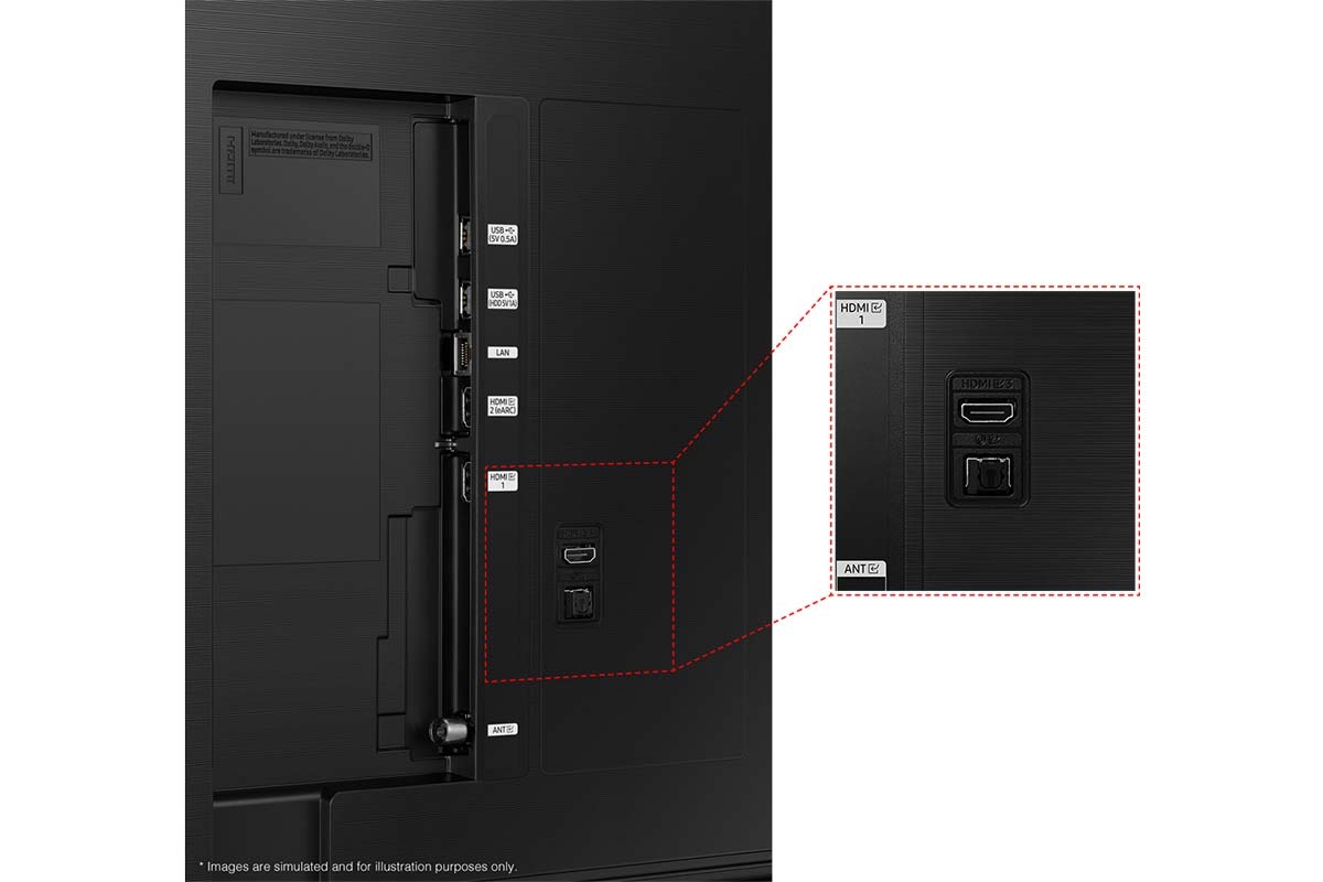 Samsung 2024 Crystal UHD DU8000 has USB, HDMI, LAN, atenna ports and etc. on the side.