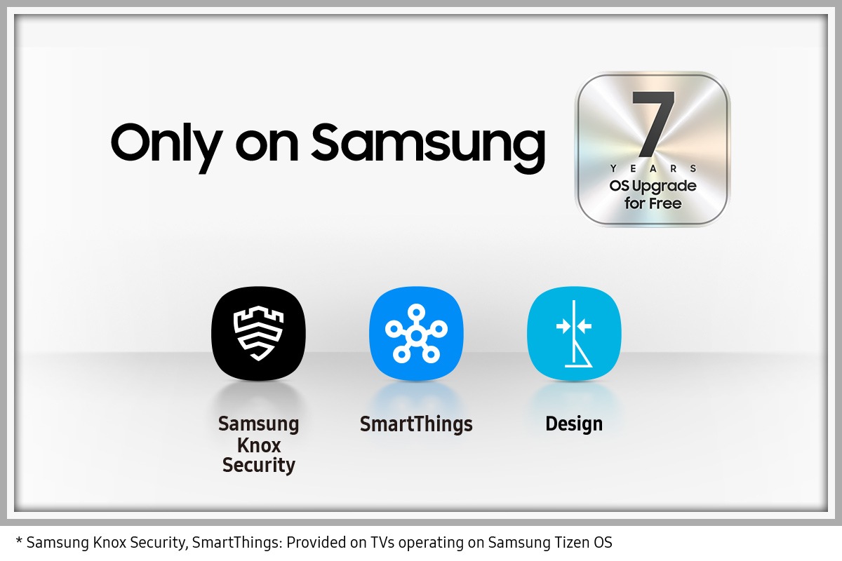 The reasons for Why Samsung TV are given in a series of icons for Samsung Knox Security, SmartThings and Design. An extra silver icon also states another benefit for Samsung TVs, which is 7 years of OS upgrades for free.
