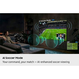 Man watches football on Samsung TV at night. Soundwaves emanate from TV's side and front. AI Football Mode turns on, soundwaves show balanced crowd and commentator sound, and the field looks more crisp and vibrant than when it's off.