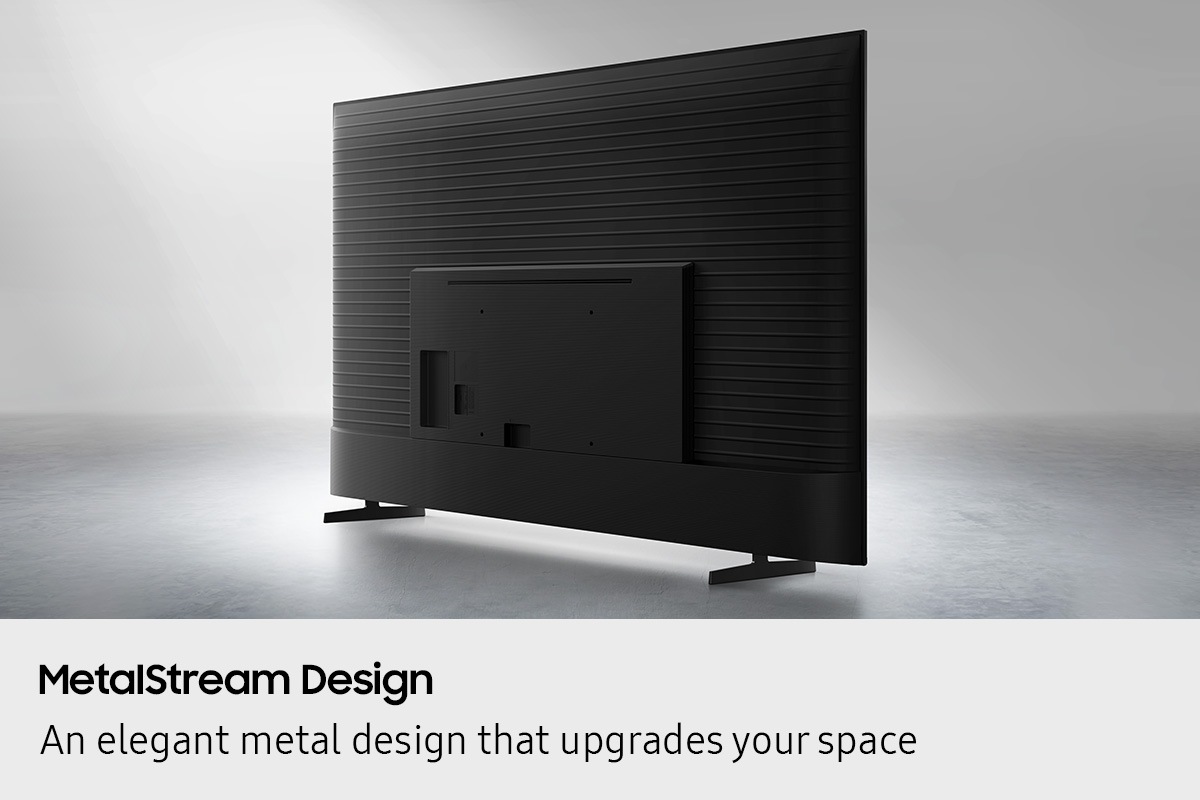 The back view of a TV with MetalStream Design. It features a black finish metal body with a ridged pattern.