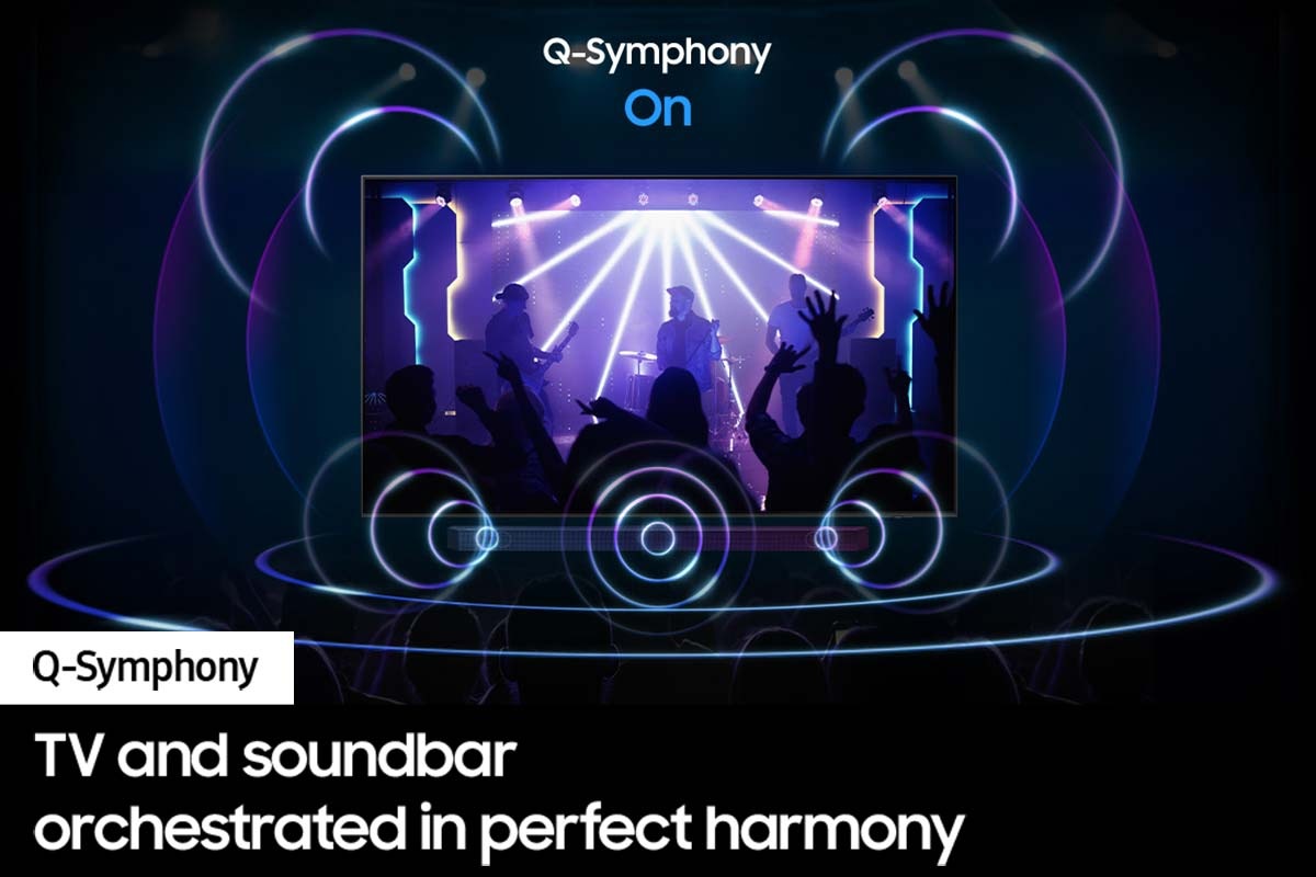 The Q-Symphony is turned on and the Soundbar and TV are activated.
