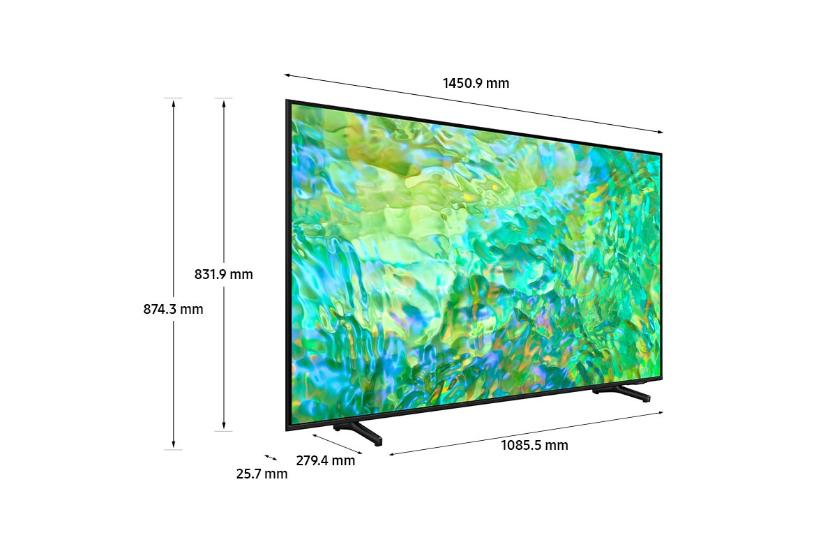 Dimension of Samsung Crystal UHD TV(1450.9 x 874.3 x 279.4 mm) CU8000 with black feet stand