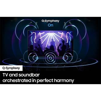 The Q-Symphony is turned on and the Soundbar and TV are activated.