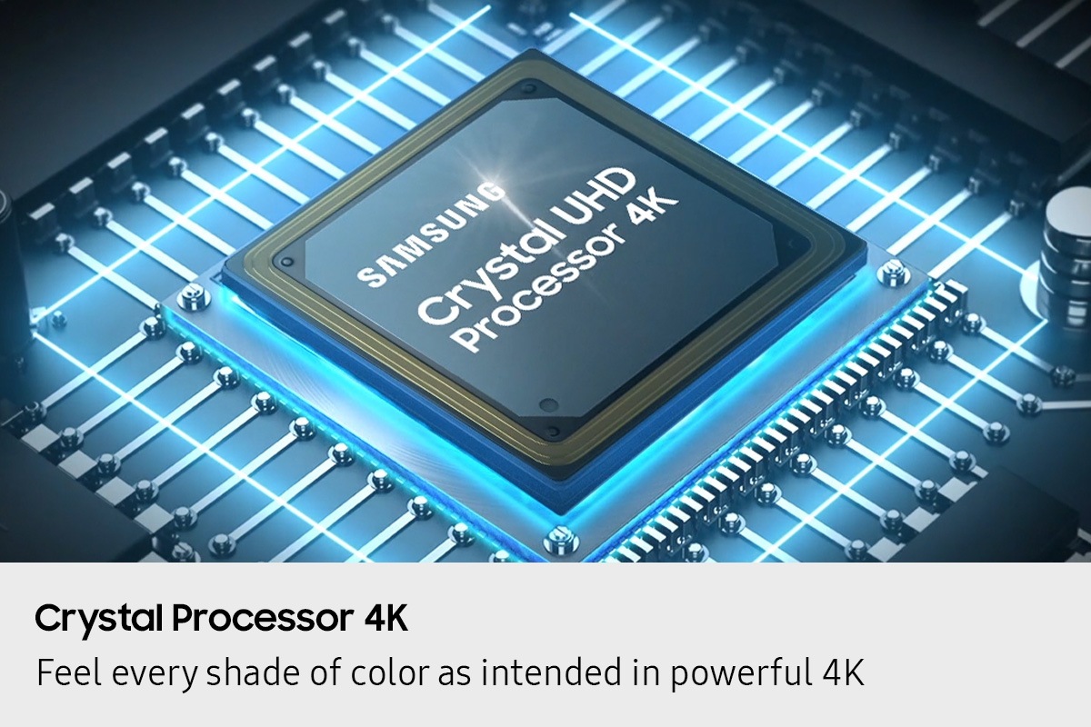 A Samsung Crystal UHD Processor 4K chip is laid out on a TV's main board with glowing power lines.