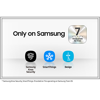 The reasons for Why Samsung TV are given in a series of icons for Samsung Knox Security, SmartThings and Design. An extra silver icon also states another benefit for Samsung TVs, which is 7 years of OS upgrades for free.