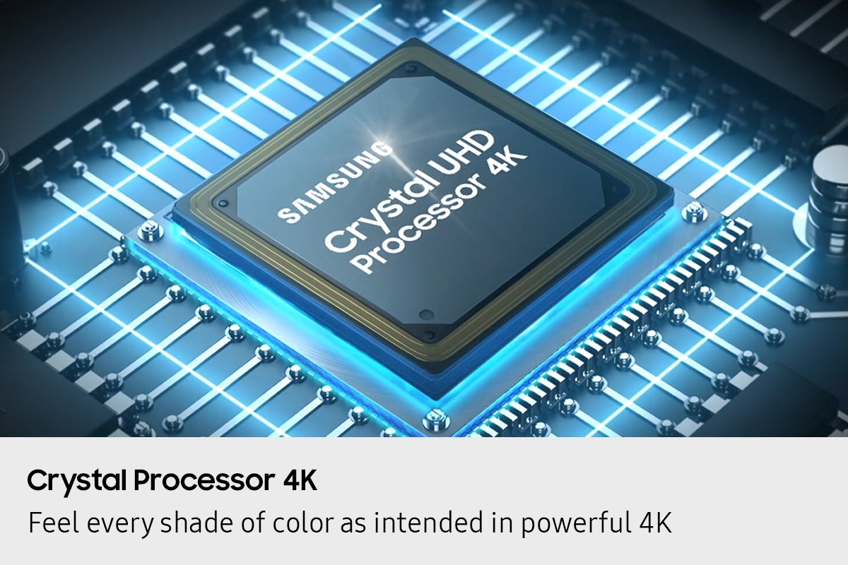 A Samsung Crystal UHD Processor 4K chip is laid out on a TV's main board with glowing power lines.
