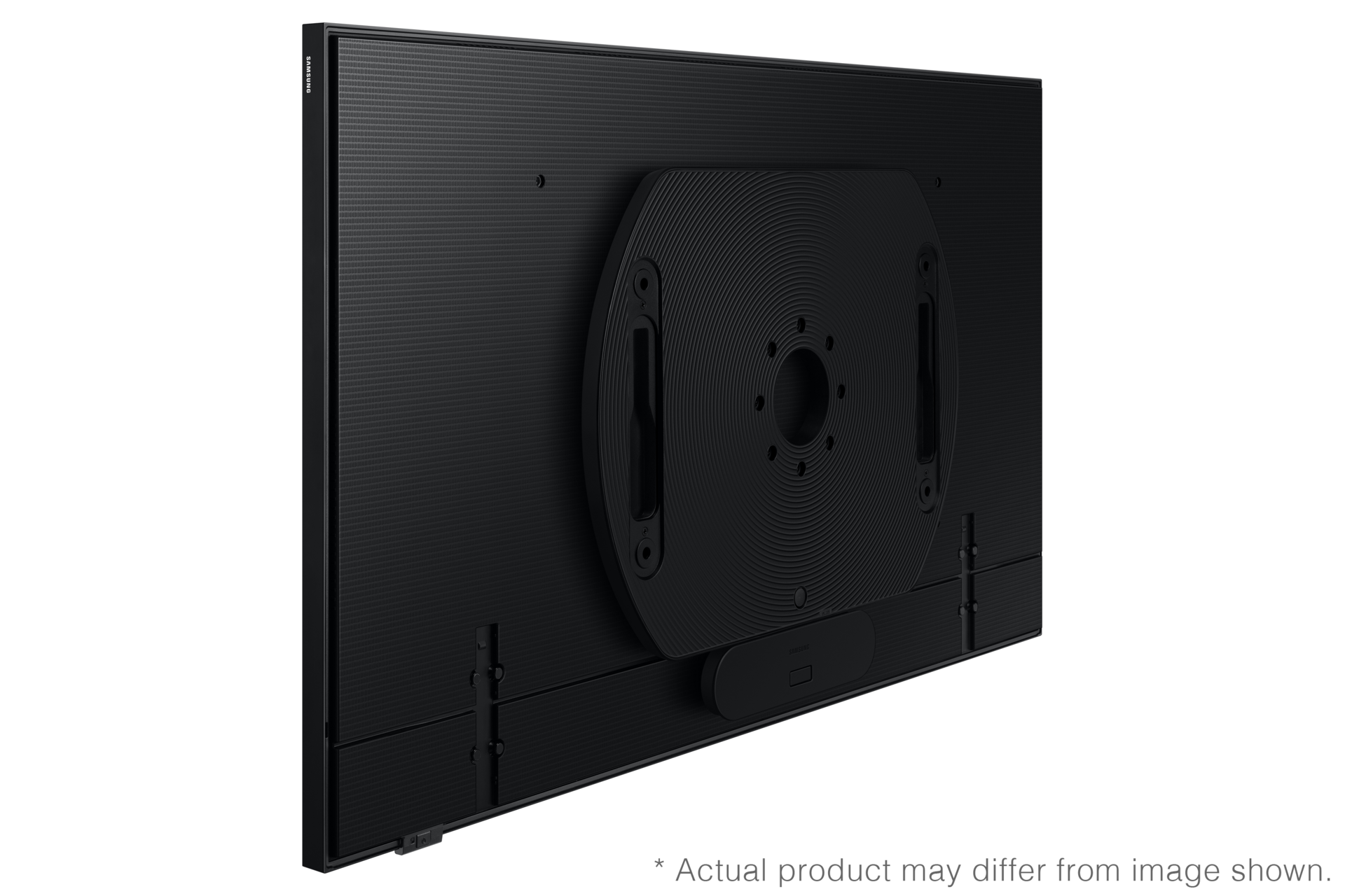 Bracket TV putar otomatis Samsung VG-ARAB untuk TV The Frame 2022 dan Samsung Neo QLED. Bracket TV putar 360 derajat dalam tampilan perspektif di belakang TV.