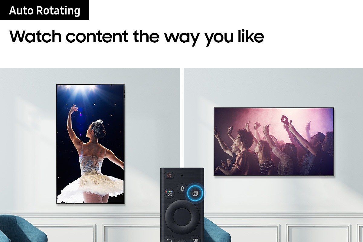 Bracket putar 360 derajat Samsung VG-ARAB dapat berputar otomatis untuk menonton vertikal atau landscape, mendukung model TV Samsung The Frame dan Neo QLED.